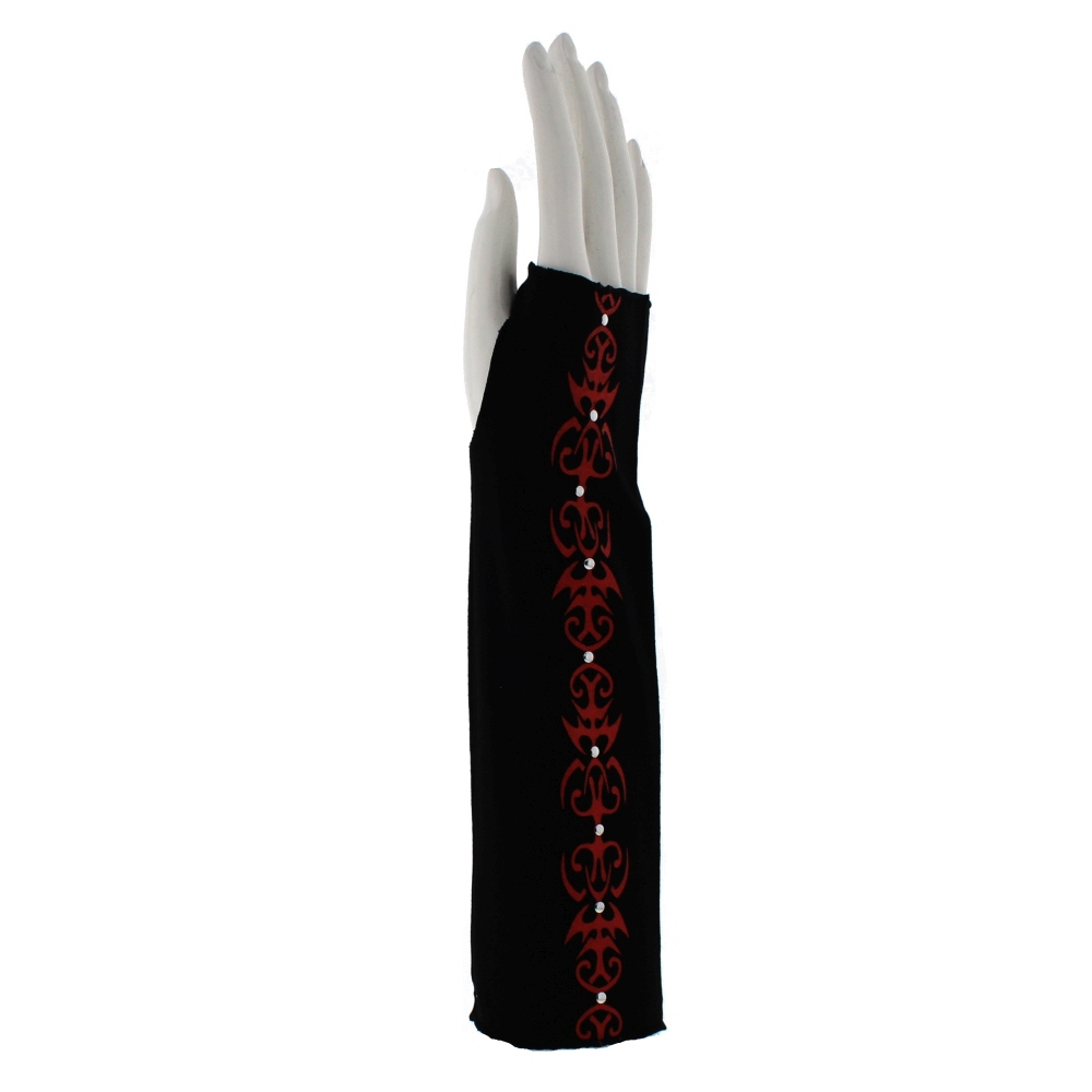 Zac's Alter Ego - Black & Red Studded Long Tribal Print Fingerlose Handschuhe - Schwarz/Rot